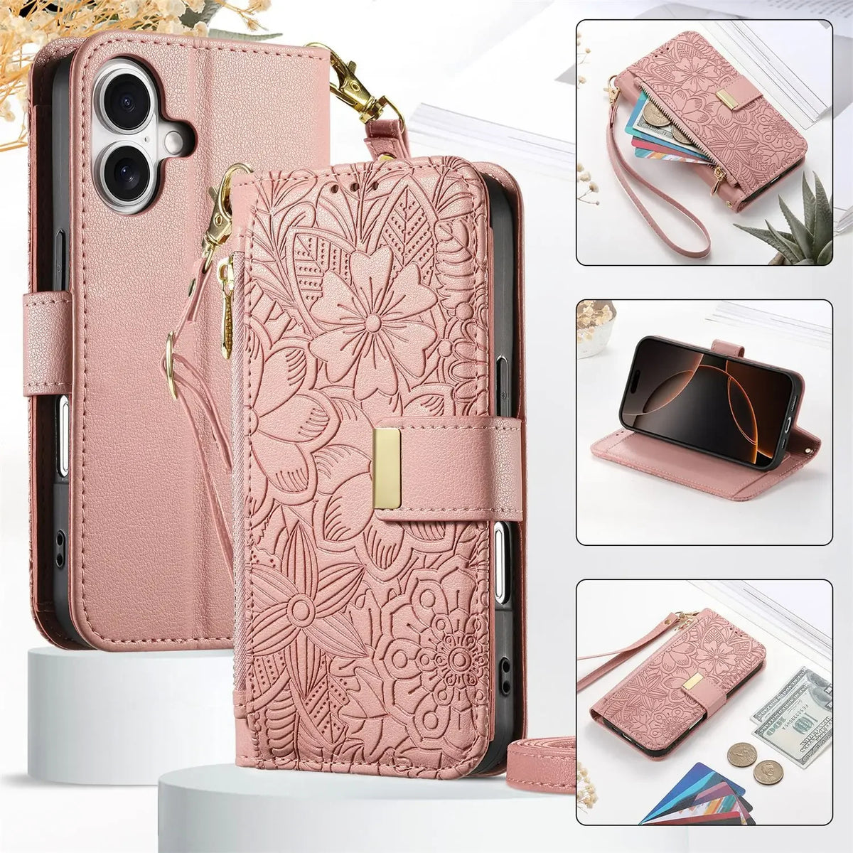 A pink floral patterned zippered leather crossbody phone wallet case for an iPhone shown with accessories.