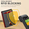 A slim black carbon fiber wallet with an ID window is shown next to a security device.