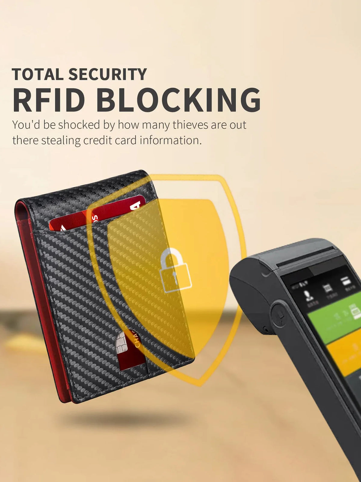 A slim black carbon fiber wallet with an ID window is shown next to a security device.