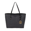 A black faux leather tote bag with a monogram print and gold hardware.