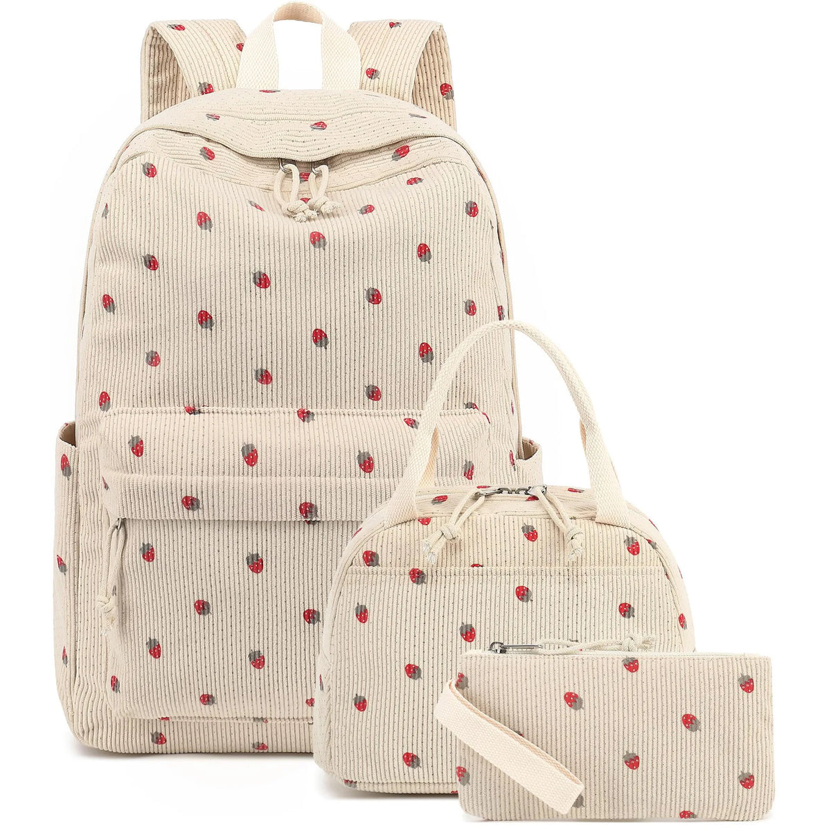 A beige corduroy strawberry backpack set featuring a main backpack and a separate pouch.