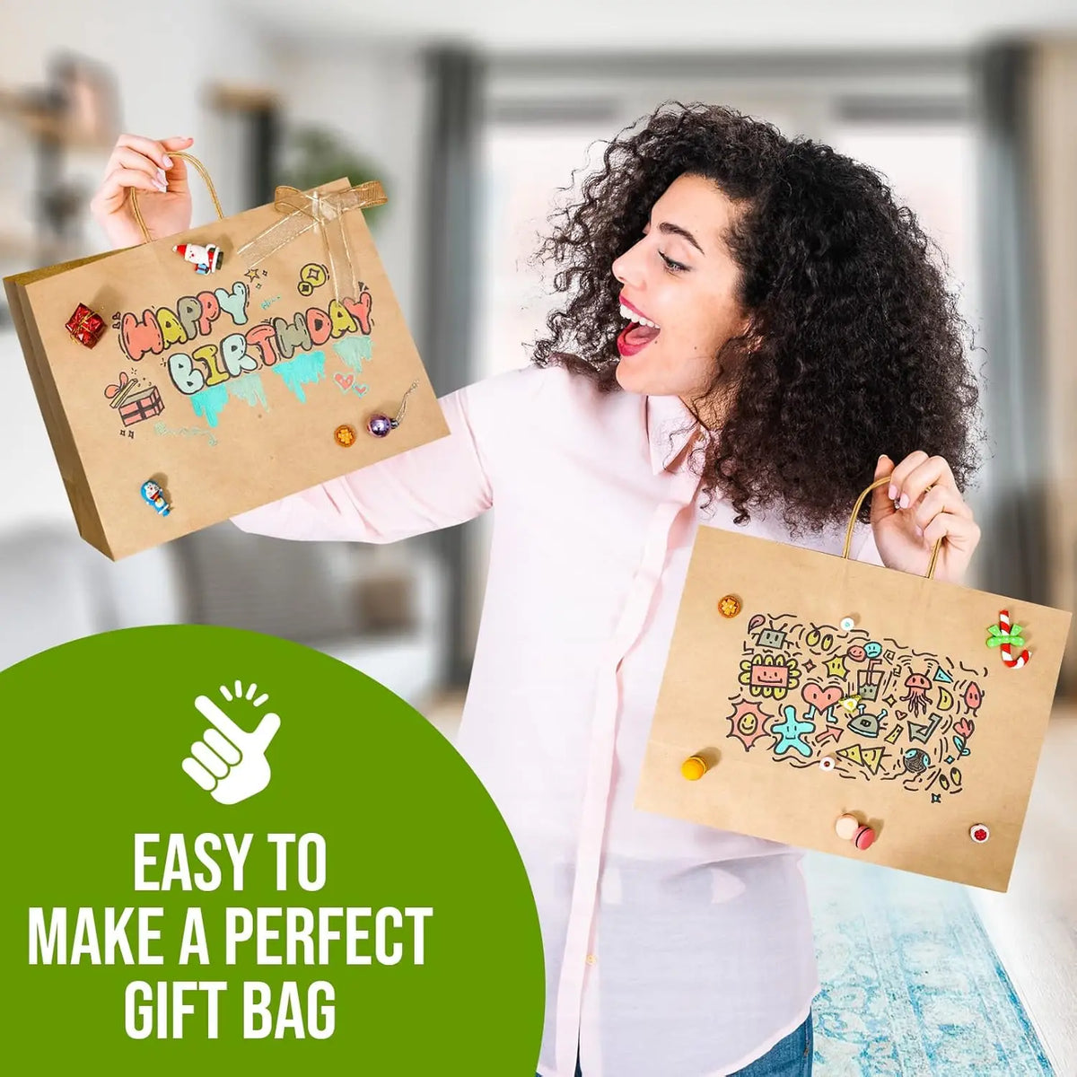 A woman is holding a kraft paper gift bag with a birthday message, demonstrating how easy it is to make a perfect gift bag.