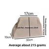 A beige knitted clip bag shown flat with dimensions 17cm by 30cm and a thickness of 18.5cm.