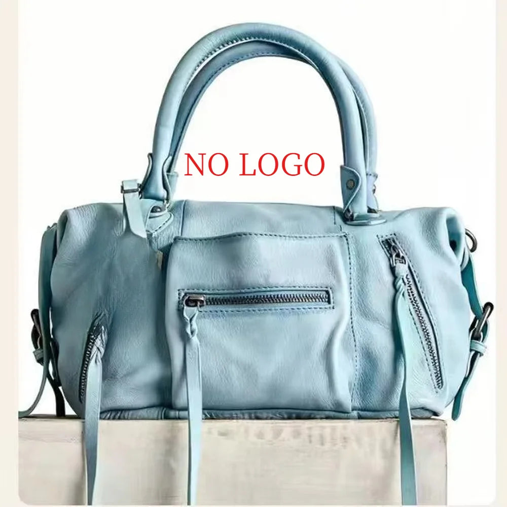 Light blue retro motorcycle PU leather crossbody shoulder bag with a handle