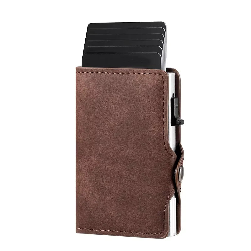 A brown leather card holder with a black sleeve for storing cards.