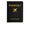 Black PU leather passport holder with gold foil text and an airplane emblem.