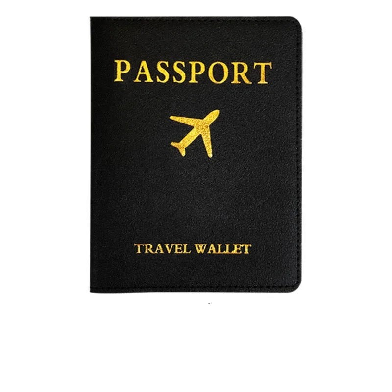 Black PU leather passport holder with gold foil text and an airplane emblem.