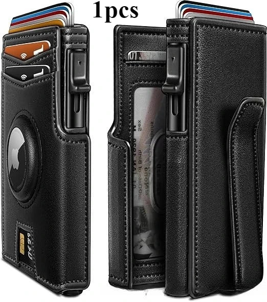 Cartera de tarjetas plegable de aluminio negra para hombre, vista vertical con varias tarjetas dentro.