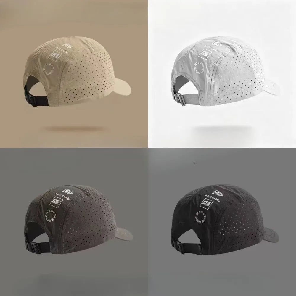 Three views of a quick-drying mesh baseball cap in beige, gray, and black.