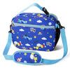 Bolsa térmica azul de dibujos animados con correa de hombro y ilustraciones temáticas de vuelo y espacio.