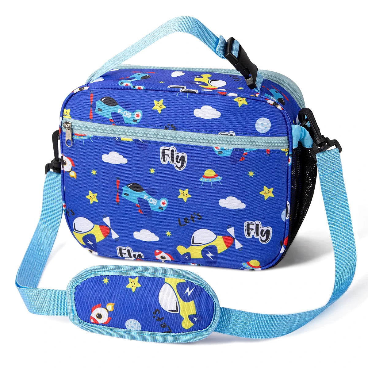 Bolsa térmica azul de dibujos animados con correa de hombro y ilustraciones temáticas de vuelo y espacio.
