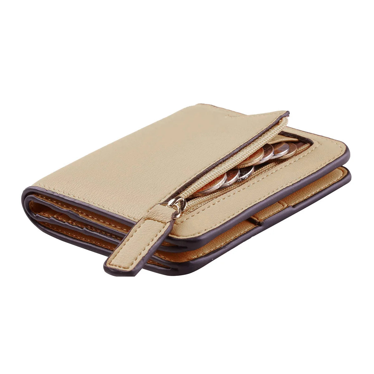 A beige compact bi-fold leather wallet with a gold-toned zipper and brown trim.