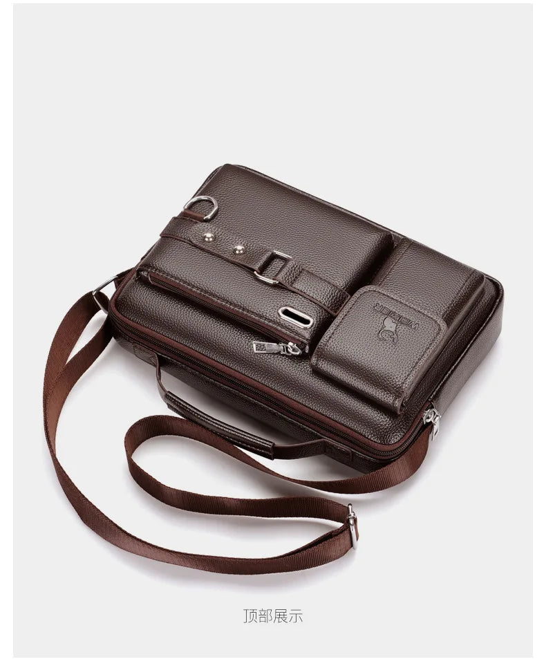 A dark brown men's PU leather crossbody shoulder bag shown from the top.