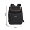 Black insulated travel backpack with gold trim and quilted pattern