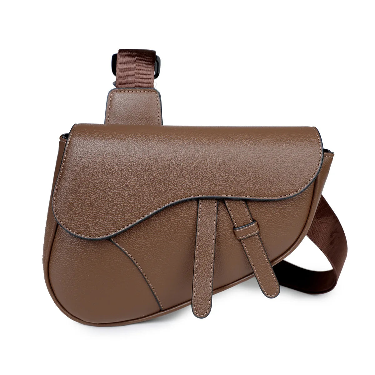 A brown men's solid color chest bag with a leather strap and flap closure.