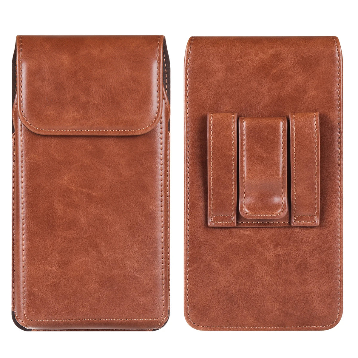 Braunes Leder-Handyhülle und Gürtelschnalle mit schlankem Design für Schutz und Komfort.