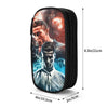 A black pencil case featuring a portrait of Cristiano Ronaldo on the front.