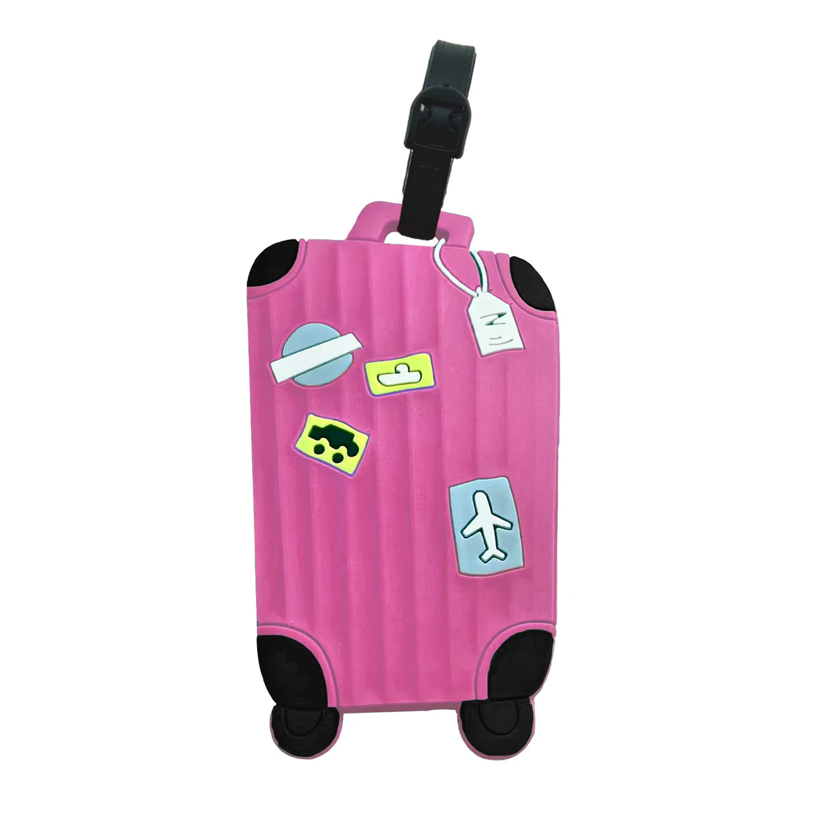 Pink durable luggage tag with various colorful shapes and a black strap attached.