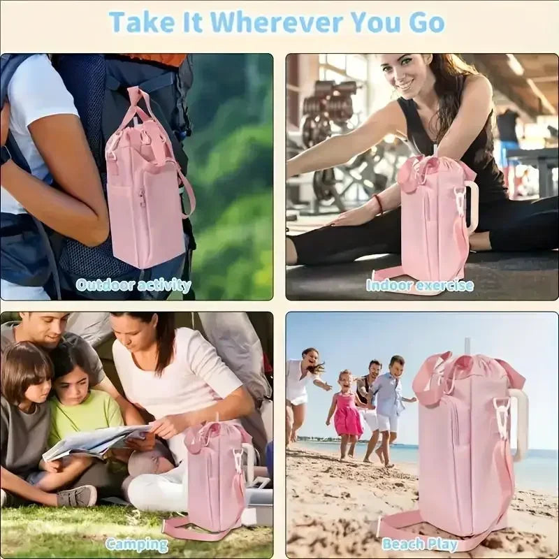 Pink insulated water bottle crossbody bag with a phone pocket shown in various outdoor and beach settings.