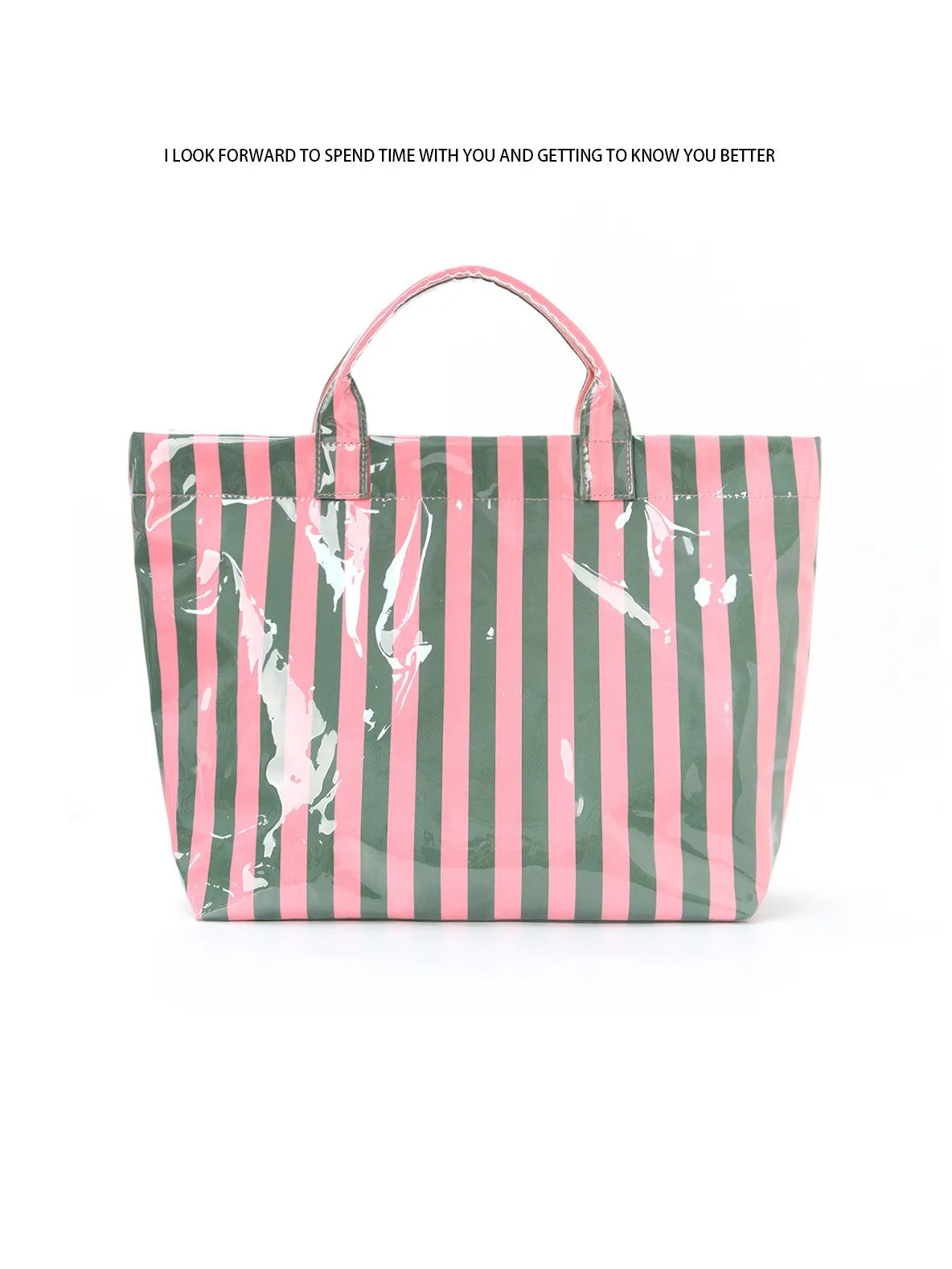A striped tote bag featuring vertical pink and green stripes with white paint splatters.