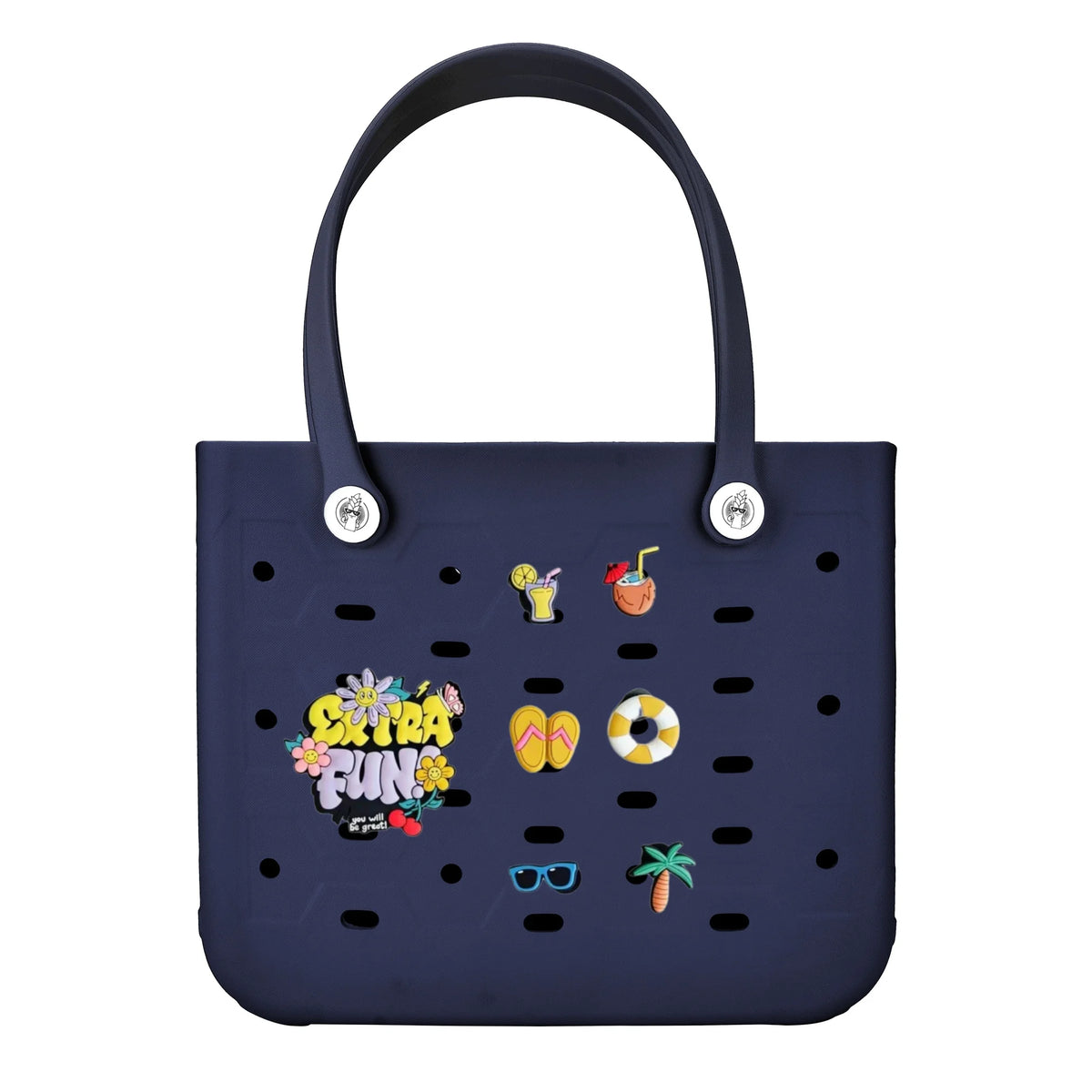 Grand sac de plage en caoutchouc EVA bleu marine imperméable avec poignée noire et petites décorations colorées.