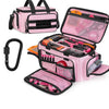 A pink heavy-duty multi-pocket tool bag with a black strap and an open lid showing various tools inside.