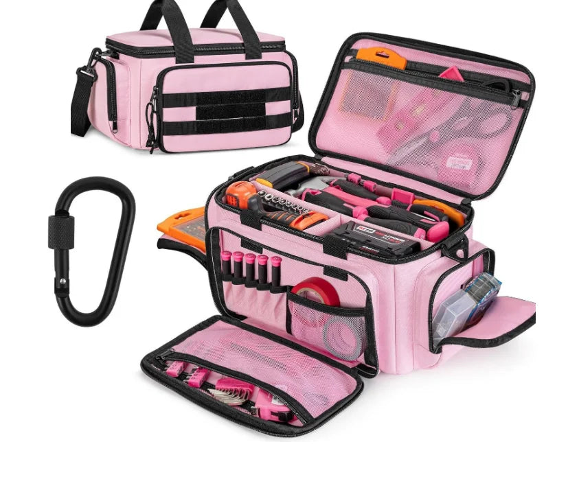 A pink heavy-duty multi-pocket tool bag with a black strap and an open lid showing various tools inside.