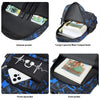 A waterproof graffiti backpack shown with various internal and external pockets and compartments.