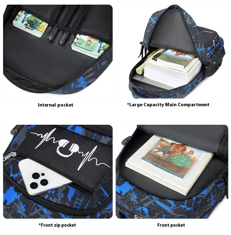 A waterproof graffiti backpack shown with various internal and external pockets and compartments.