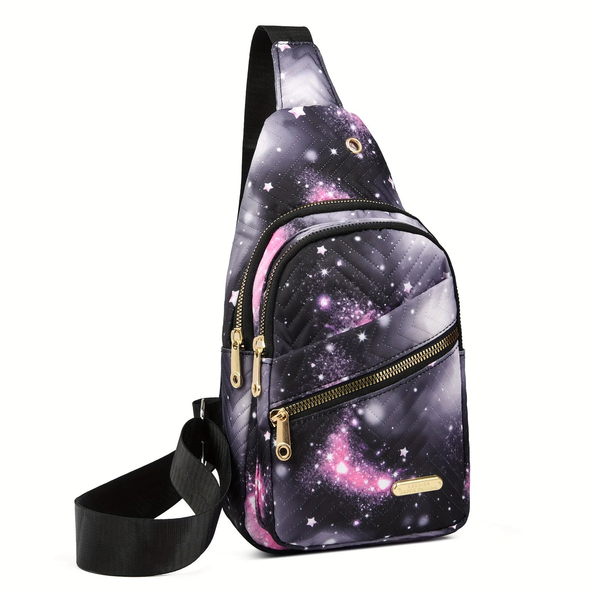 A dark purple and black quilted crossbody sling bag featuring a starry night galaxy design.