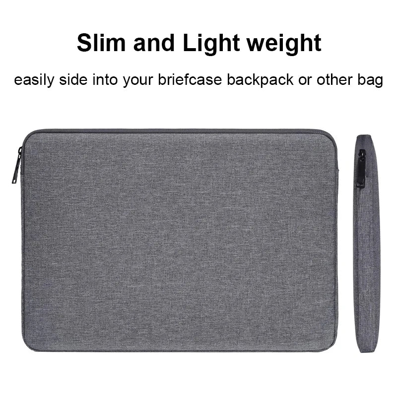 A gray waterproof canvas laptop sleeve with a black zipper is shown lying flat.