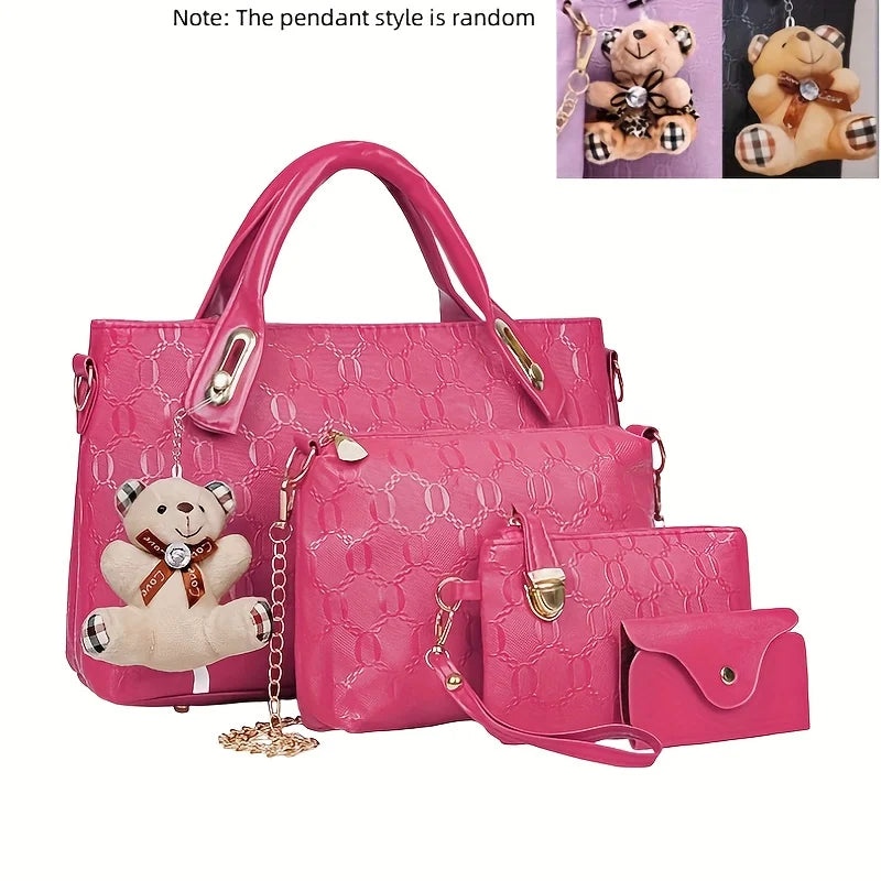 A pink fashion embossed PU handbag set featuring a large bag and a matching wallet, with a bear pendant style shown.