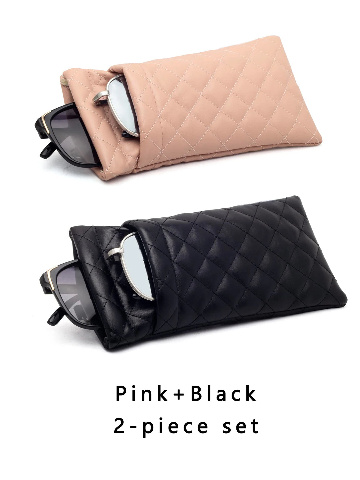 A pink and black 2-piece set of elegant PU leather glasses cases and protective storage bags.