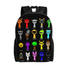 A black backpack featuring various Sprunkis characters printed on the front.