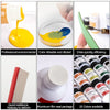 Un ensemble de pots de peinture scellés en film d'aluminium, montrant diverses couleurs et un produit de peinture à l'huile a