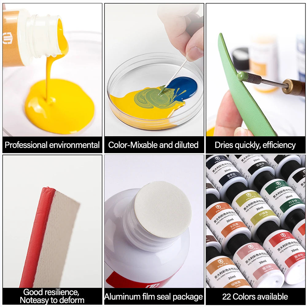 Un ensemble de pots de peinture scellés en film d'aluminium, montrant diverses couleurs et un produit de peinture à l'huile a