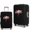 Black suitcase with a pink and yellow flower design, shown from the side.