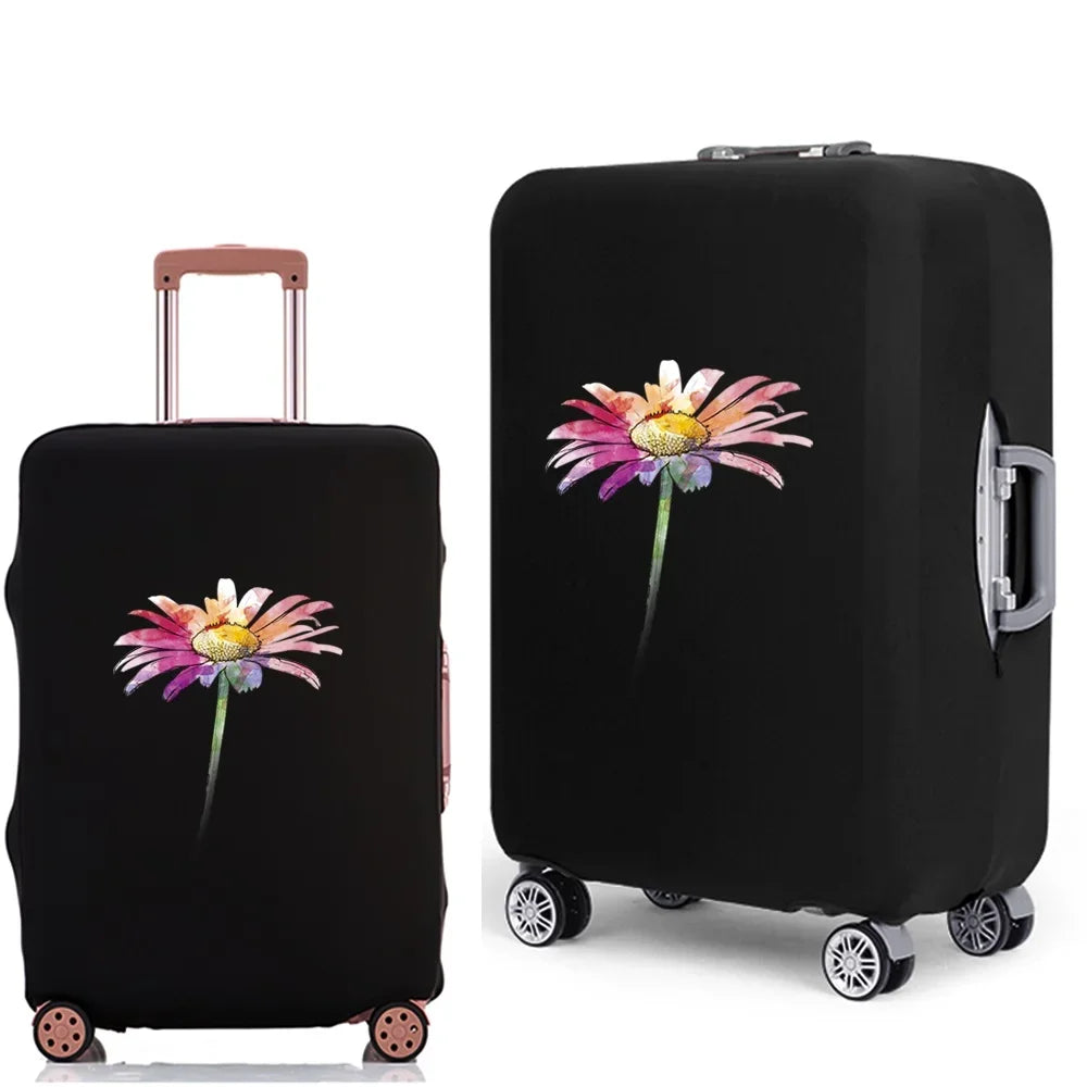 Black suitcase with a pink and yellow flower design, shown from the side.