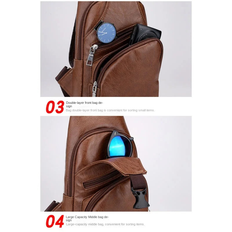 Brown leather men's chest bag featuring a watch and an integrated headphone port.