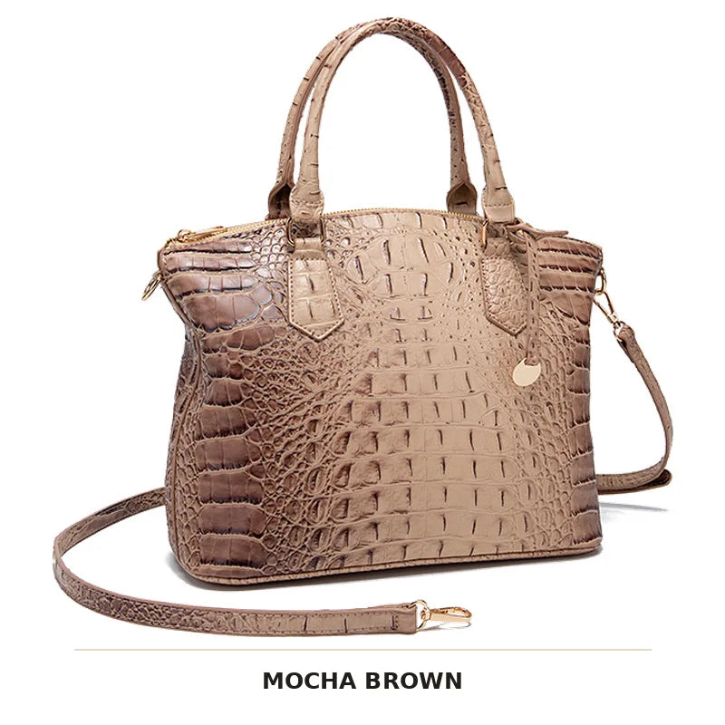 Mochabraunes Alligatormuster-Top mit Crossbody-Taschengriffe und tanner Lederriemen.