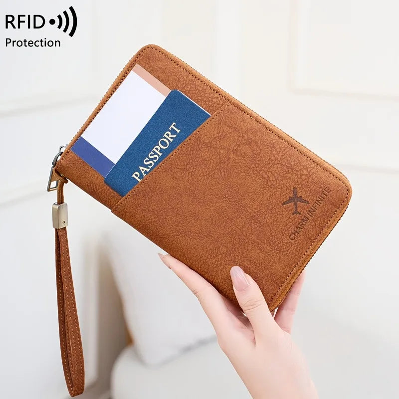 A brown leather passport wallet with a wrist strap is shown, displaying a passport card inside.