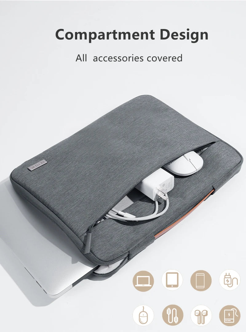A gray multi-pocket laptop sleeve with an orange handle is shown open, displaying various accessories.