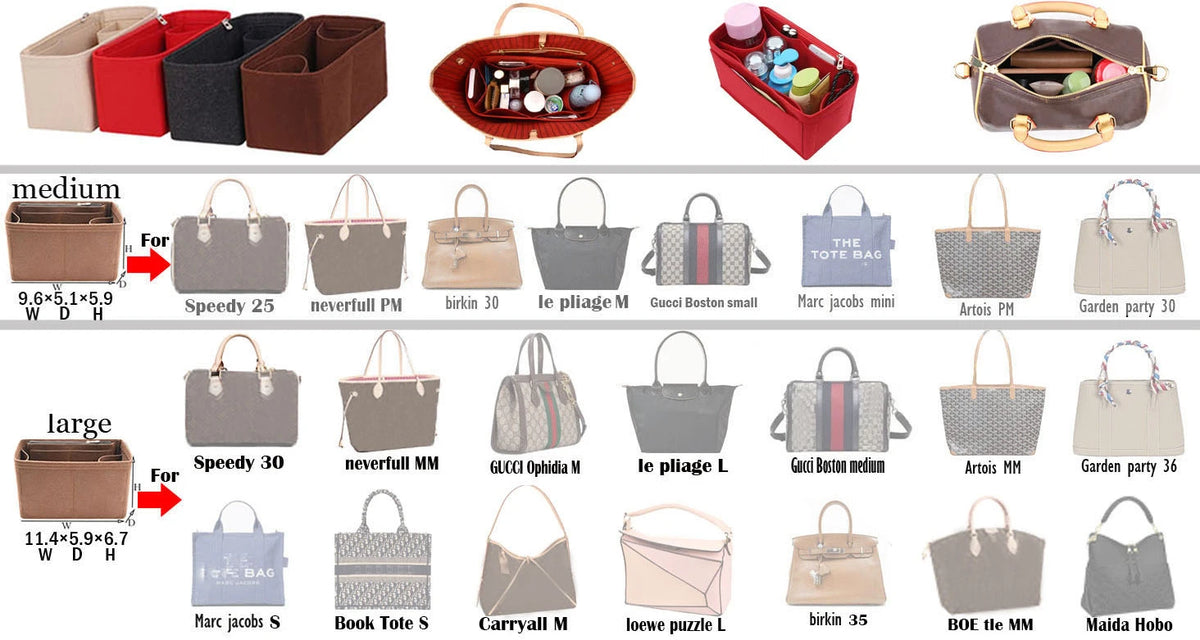 A collection of felt purse organizer inserts and bags for various sizes including Speedy 25, Neverfull, and large options.