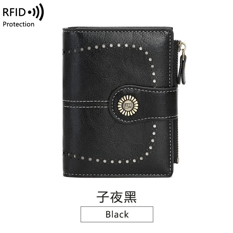 Black multi-fold RFID protection wallet with stitched details and a decorative emblem