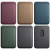 A set of six MagSafe compatible leather wallet cases in various shades including purple, beige, blue, green, and gray.