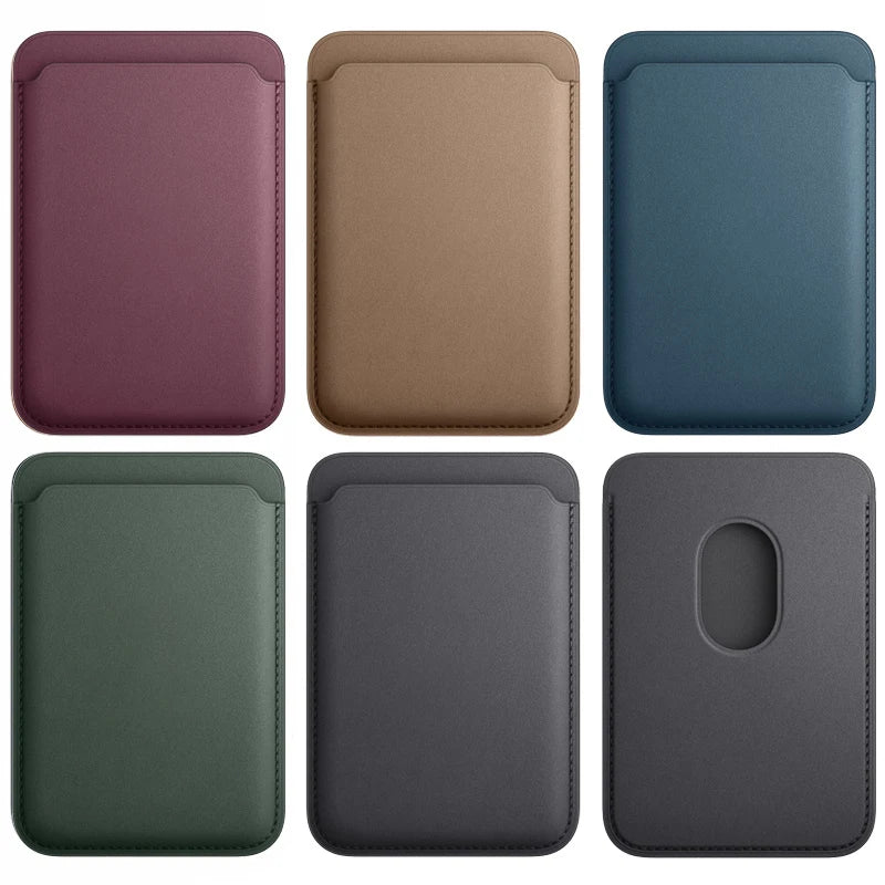 A set of six MagSafe compatible leather wallet cases in various shades including purple, beige, blue, green, and gray.