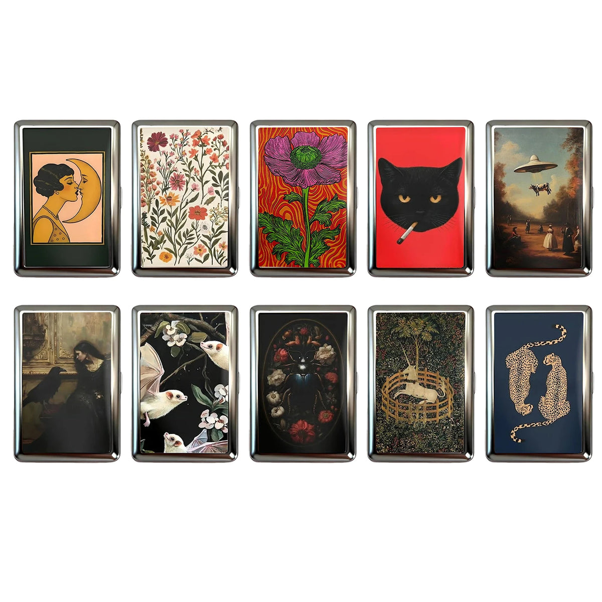 A collection of twelve art deco metal cards featuring various artistic designs including flowers cats and landscapes