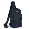 A navy blue men's multi-compartment nylon crossbody sling bag with a black strap and zipper details.