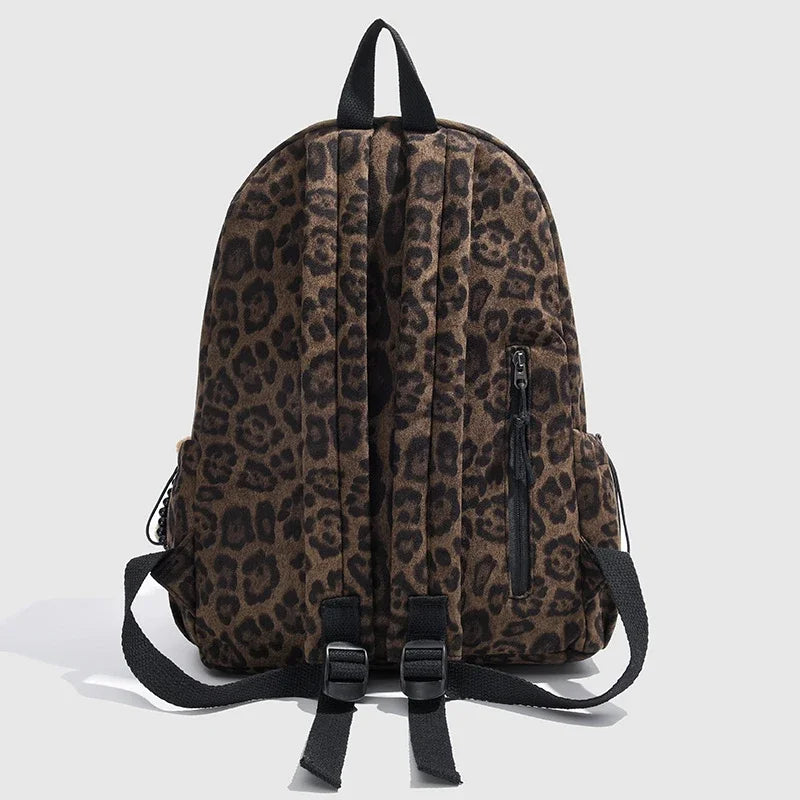 A brown leopard print backpack shown from the back with black straps.