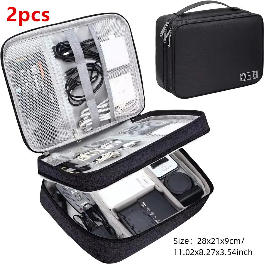 A set of two black portable digital organizer storage pouches, one zippered and one open for accessories.